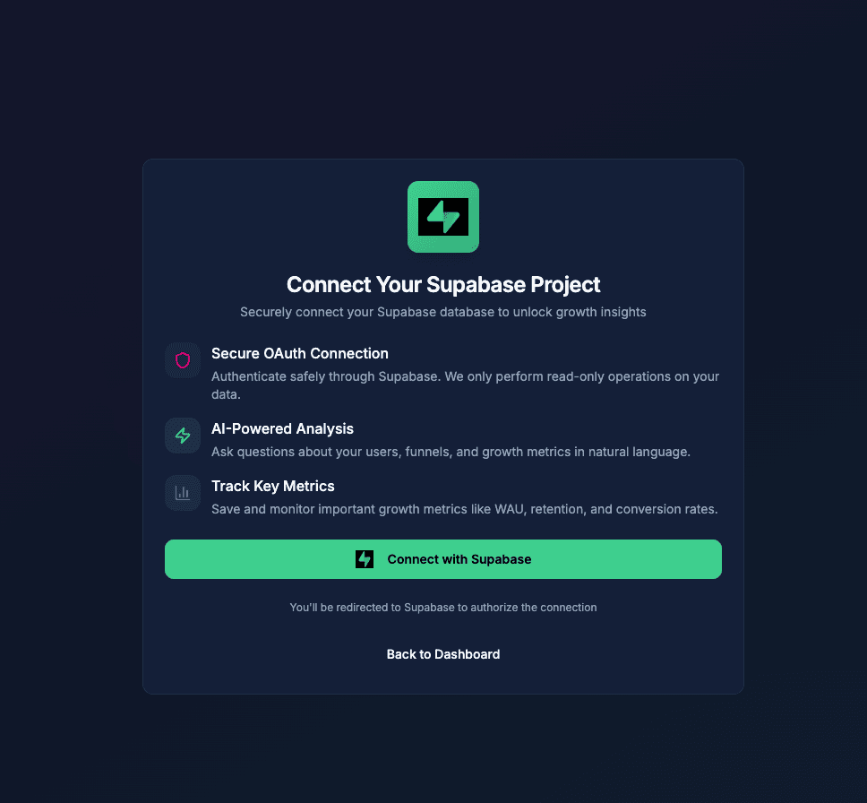 Connect Your Supabase Project interface showing secure OAuth connection